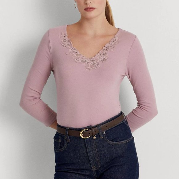 LAUREN Ralph Lauren Lace-Trim Stretch Cotton Top - Picture 1 of 4